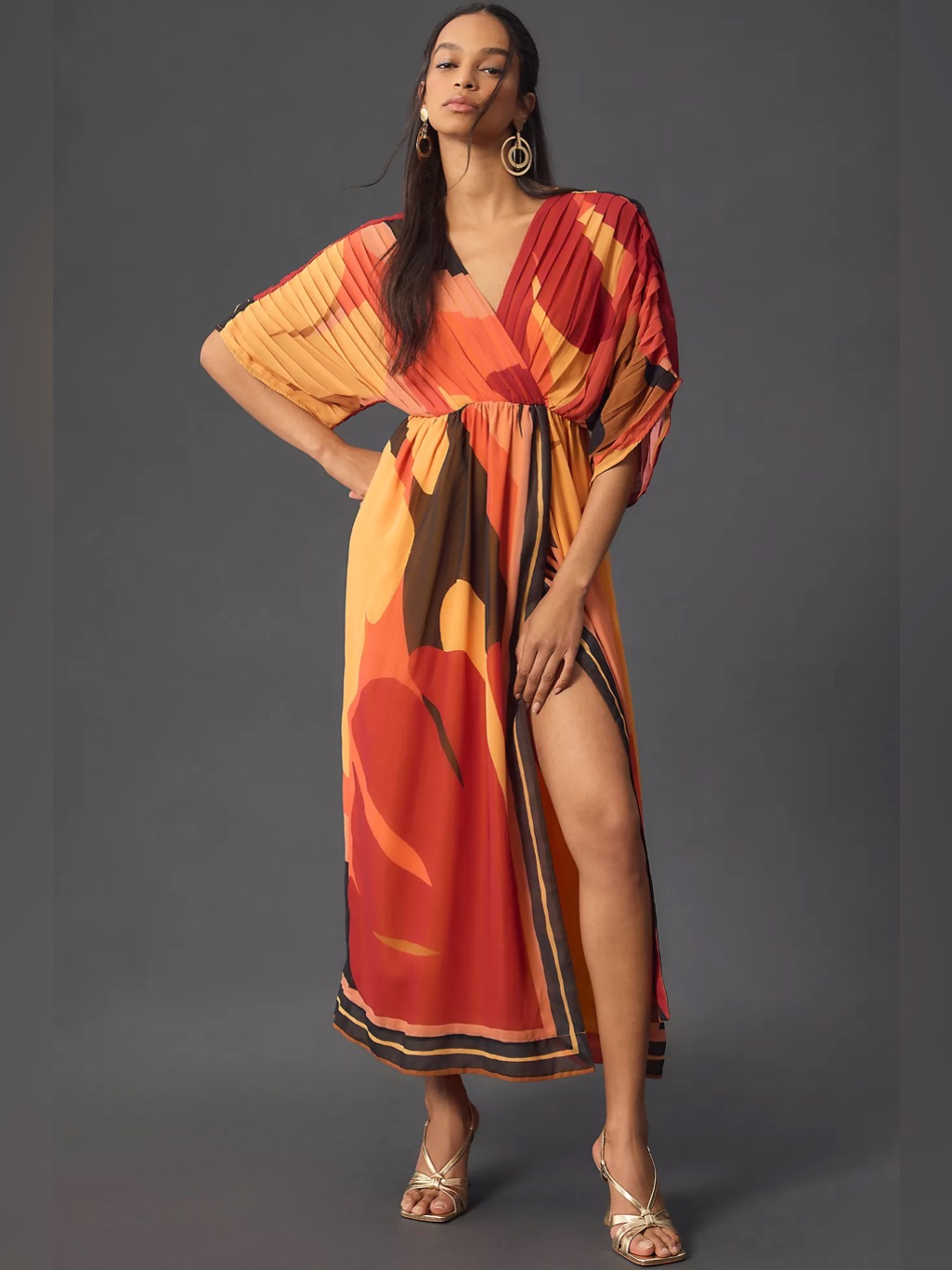 Nwt Anthropologie Farm Rio Abstract Maxi Dress Gold Red Orange Xs